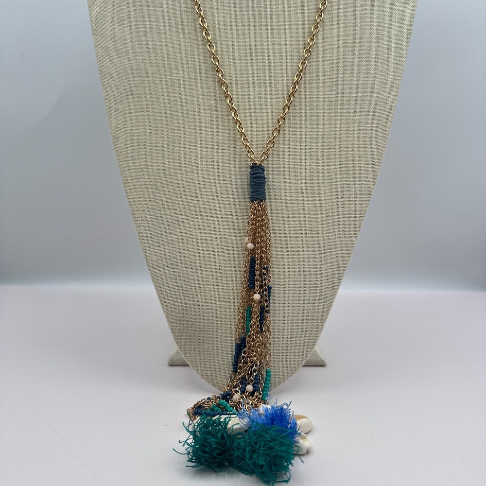 Vintage Y2K GoldTone Tassel Necklace with Cowrie Shells & Beads